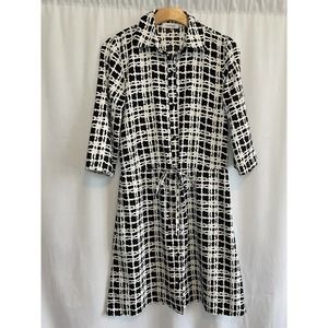 Calvin Klein Black and White Print Full Button Up Dress with Drawstring Waist